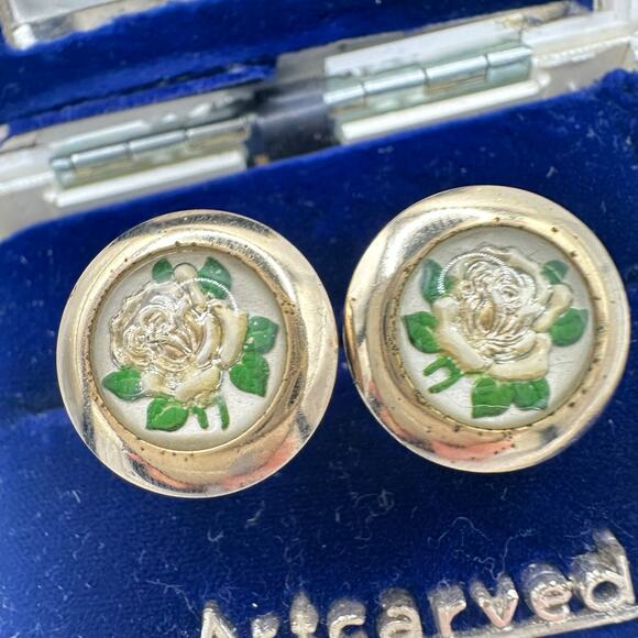 Vintage gold tone domed glass reverse painted intaglio roses cameos cufflinks - Picture 2 of 8